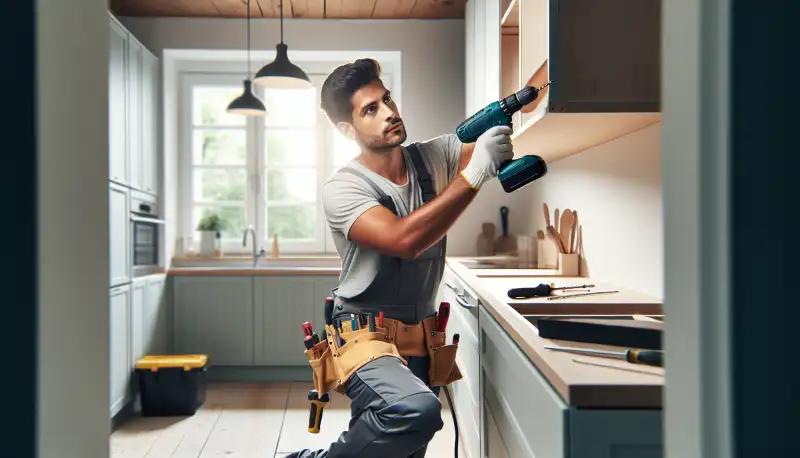 Erfahrener Küchenmonteur installiert Oberschränke in einer Hagener Wohnung