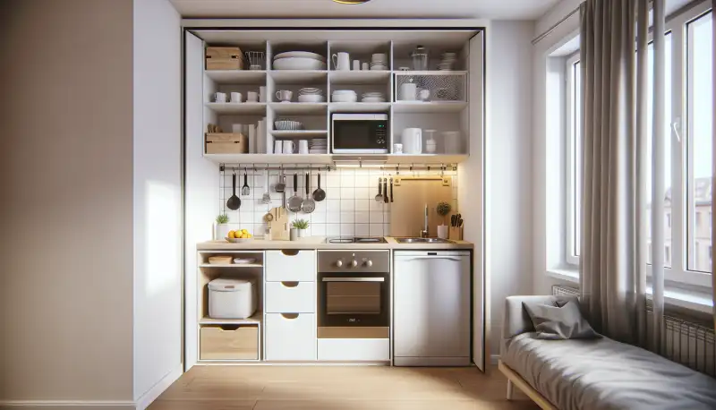 Kompakte moderne Küchenzeile in einer kleinen Hagener Studentenwohnung mit cleveren Stauraumlösungen