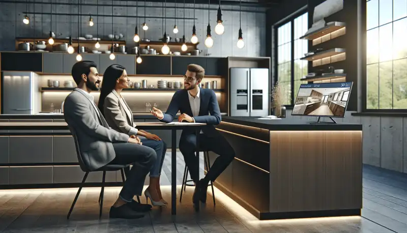 Küchenberater erklärt einer jungen Familie Preisdetails am Planungsschreibtisch mit 3D Ansicht auf dem Bildschirm