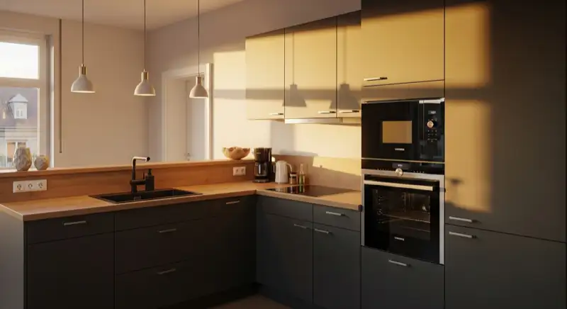 Elegante L-Küche mit matten anthrazitfarbenen Fronten und Eichenholz-Arbeitsplatte in einer Hagener Wohnung