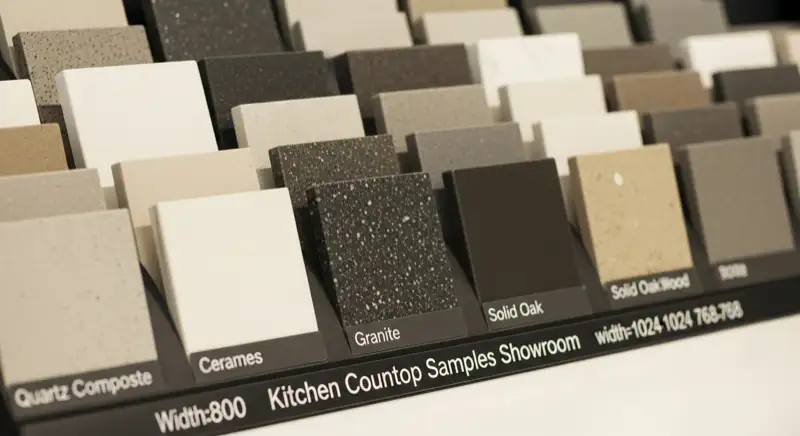 Verschiedene Arbeitsplatten-Muster in einem Küchenstudio: Quarz, Granit, Keramik und Massivholz