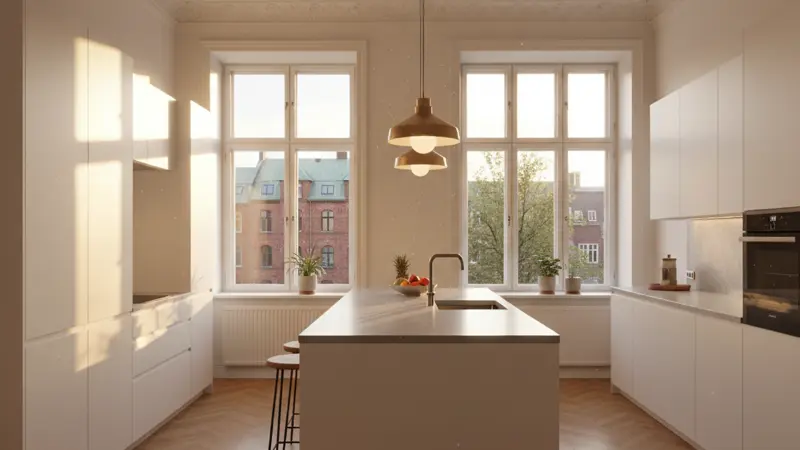 Moderne Küche in Hamburg, helle Einbauküche mit Kochinsel