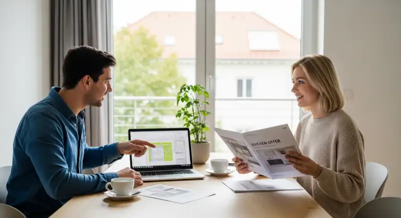 Junges Paar vergleicht drei Küchenangebote am Esstisch mit Laptop und Dokumenten in einer Hammer Wohnung