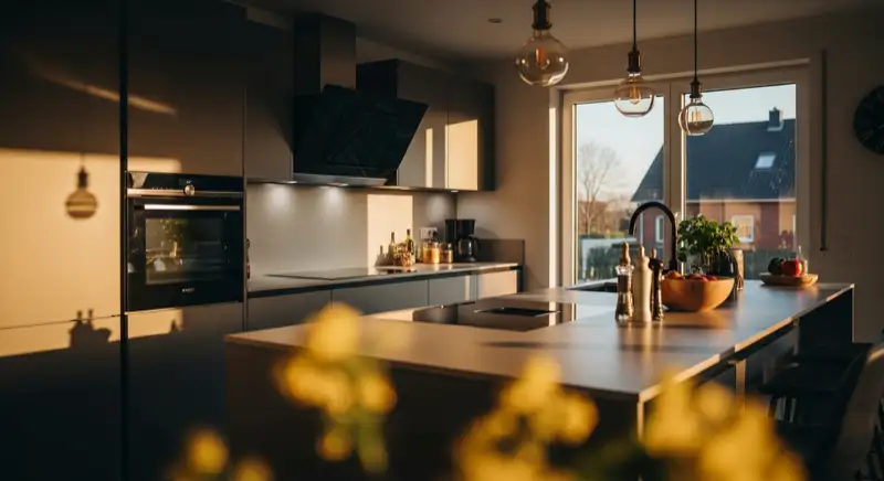 Fertige moderne U Küche mit dunklen matten Fronten und Holzakzenten in einem Hammer Einfamilienhaus