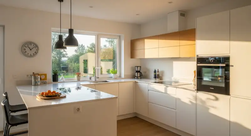 Moderne Einbauküche mit hellen Fronten und Holzakzenten in einem Hammer Einfamilienhaus mit Blick in den Garten