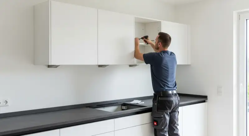 Erfahrener Küchenmonteur installiert Oberschränke in einem Hammer Einfamilienhaus