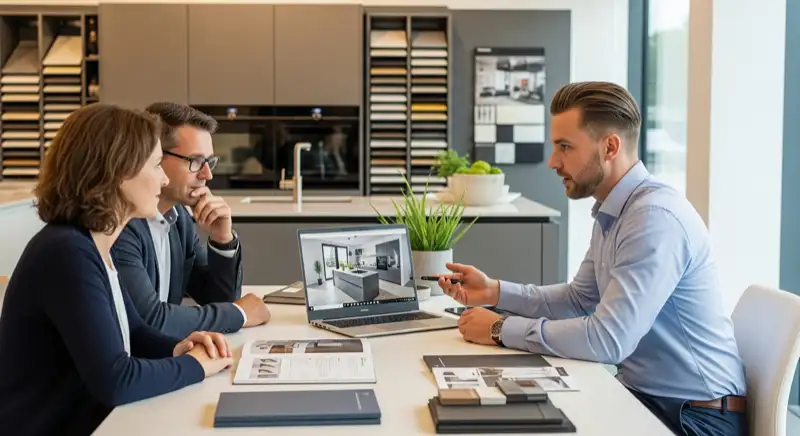 Küchenberater erklärt einer Familie Preisdetails am Planungsschreibtisch mit 3D Ansicht auf dem Bildschirm