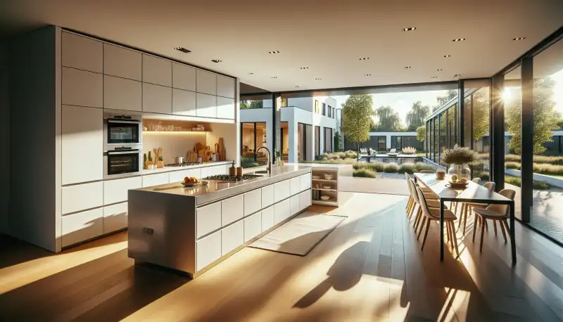 Große offene Wohnküche mit Kochinsel in einem renovierten Einfamilienhaus in Hamm