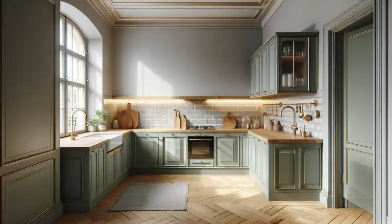 Elegante L-Küche mit matten Fronten in Salbeigrün und heller Arbeitsplatte in einem Hammer Einfamilienhaus