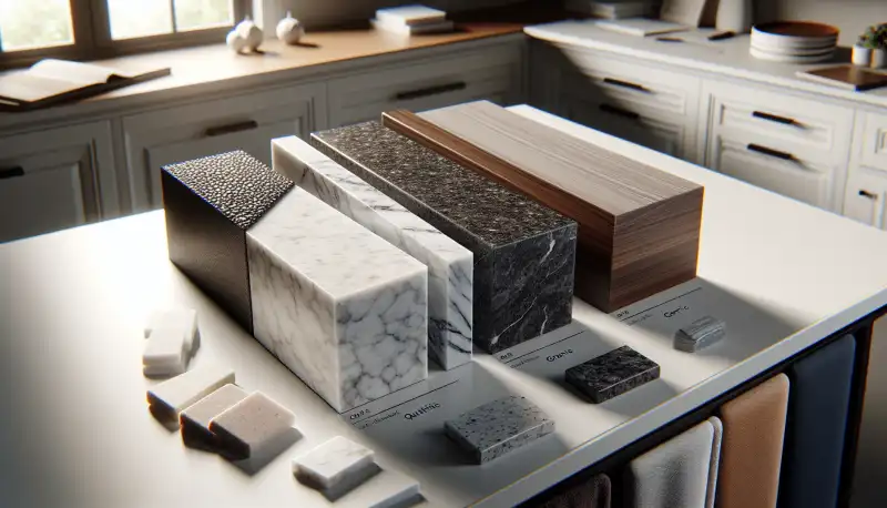 Verschiedene Arbeitsplatten-Muster in einem Küchenstudio: Quarz, Granit, Keramik und Massivholz