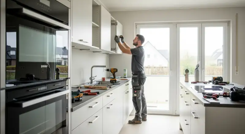 Küchenmonteur bei der Installation einer Einbauküche in einem Herneer Einfamilienhaus