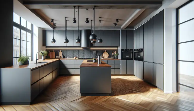 Elegante L Küche mit dunklen Fronten und Holz Arbeitsplatte in einer Krefelder Wohnung