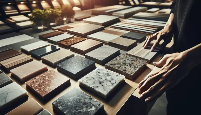 Verschiedene Arbeitsplatten Muster in einem Küchenstudio: Quarz, Granit, Keramik und Massivholz