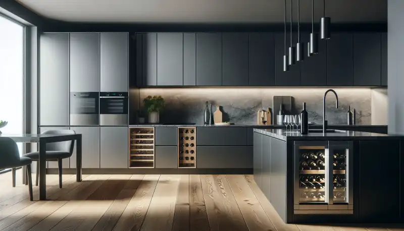 Hochwertige Einbauküche mit dunklen matten Fronten, integrierten Geräten und Keramik-Arbeitsplatte