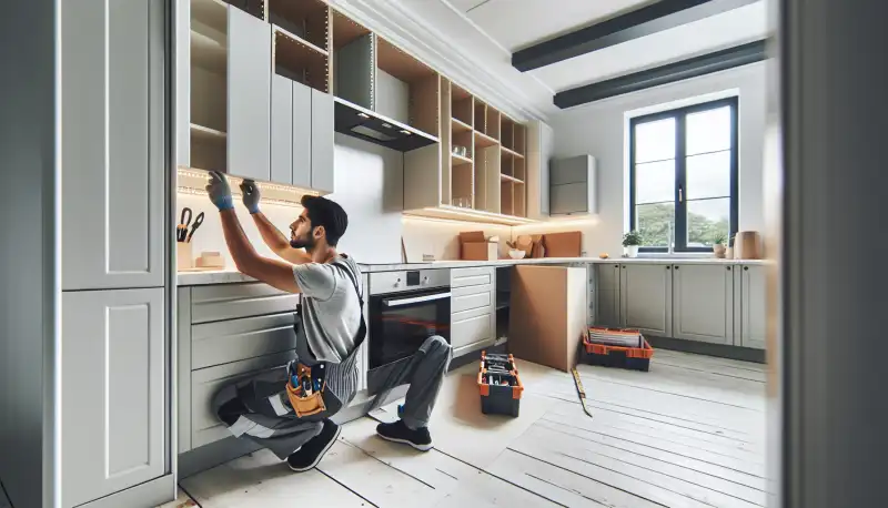 Professionelle Küchenmontage mit zwei Handwerkern beim Einbau von Oberschränken