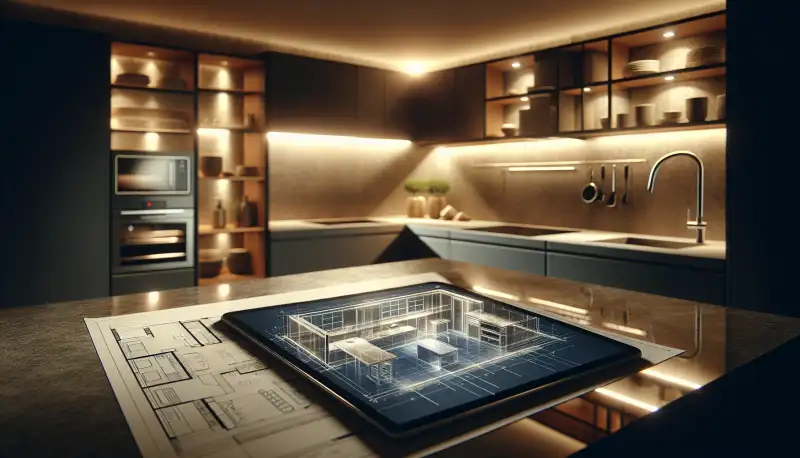 Küchenplanung auf einem Tablet mit Grundriss und 3D-Darstellung
