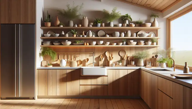 Moderne Küche im skandinavischen Stil mit Eichenholzfronten und offenen Regalen
