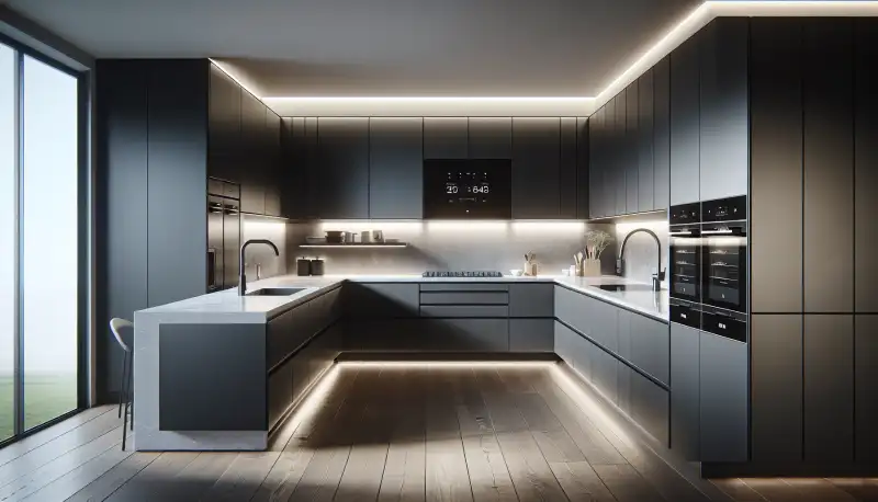 Moderne L-Küche mit matten schwarzen Fronten und LED-Beleuchtung in Mönchengladbach