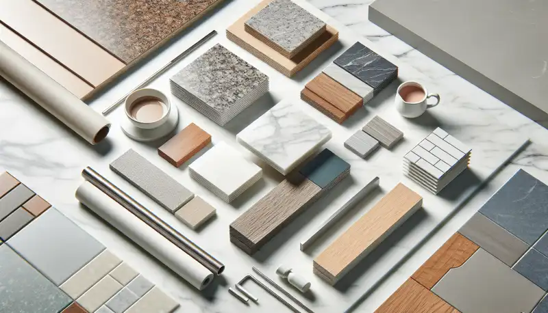 Verschiedene Küchenmaterialien: Granit, Keramik, Holz und Edelstahl Muster