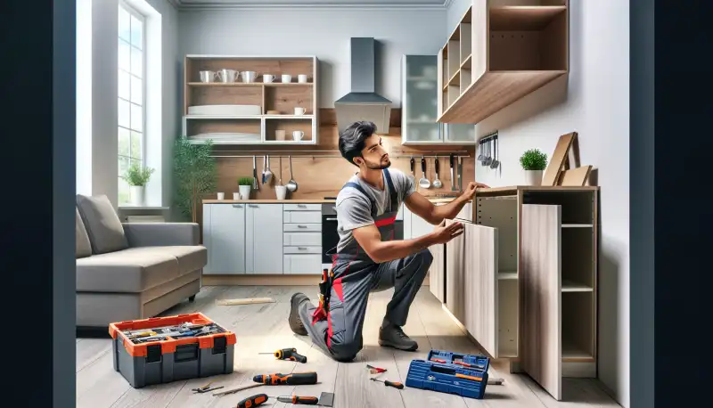 Küchenmonteur installiert Oberschränke in einer Mönchengladbacher Wohnung