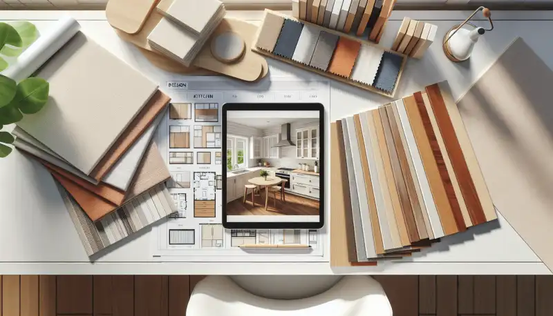 Küchenplanung mit Materialmustern und Tablet mit 3D-Entwurf auf einem Schreibtisch
