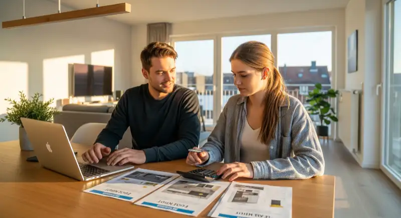 Junges Paar vergleicht drei Küchenangebote am Esstisch mit Laptop und Dokumenten in einer Mülheimer Wohnung