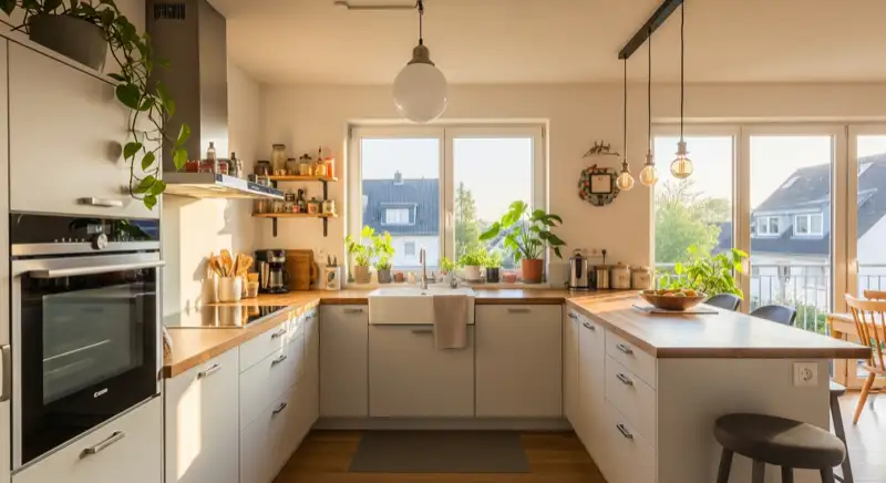 Fertige moderne L Küche mit hellen Fronten und Holzakzenten in einem Mülheimer Einfamilienhaus mit Essbereich