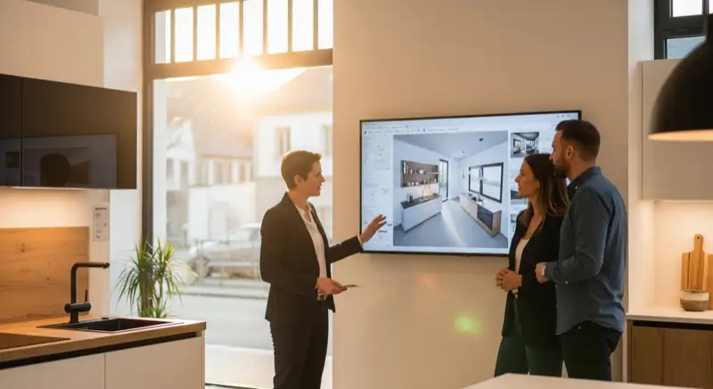 Küchenberater zeigt einer Familie die 3D Küchenplanung am Bildschirm im Küchenstudio