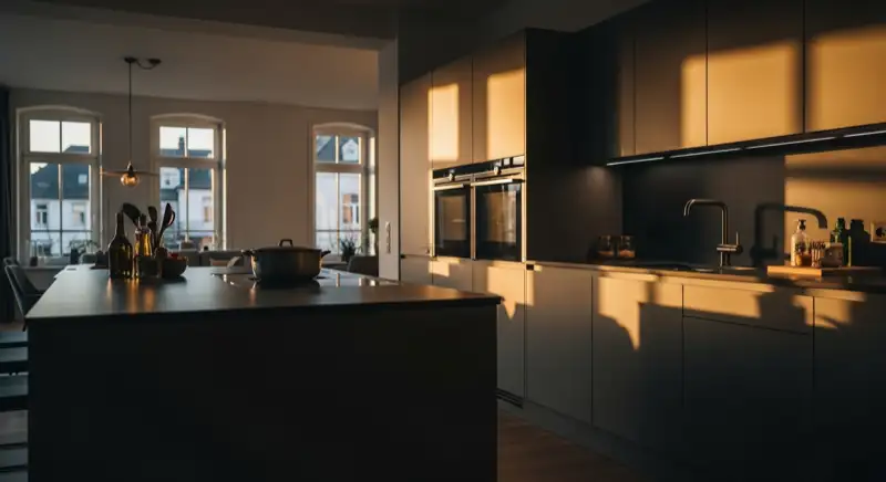 Elegante dunkle Einbauküche mit Quarzkomposit Arbeitsplatte und LED Beleuchtung in einem renovierten Mülheimer Eigenheim