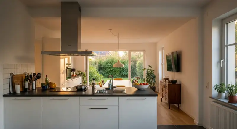 Große offene Wohnküche mit Kochinsel in einem renovierten Einfamilienhaus in Mülheim an der Ruhr mit Blick auf den grünen Garten