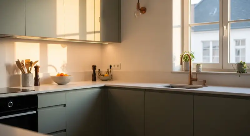 Elegante L-Küche mit matten Fronten und heller Arbeitsplatte in einem Mülheimer Einfamilienhaus