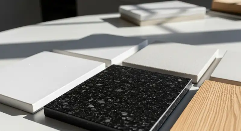 Verschiedene Arbeitsplatten-Muster in einem Küchenstudio: Quarz, Granit, Keramik und Massivholz