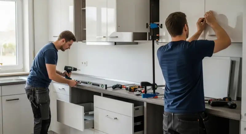 Küchenmonteur bei der Installation einer Einbauküche in einem Mülheimer Einfamilienhaus