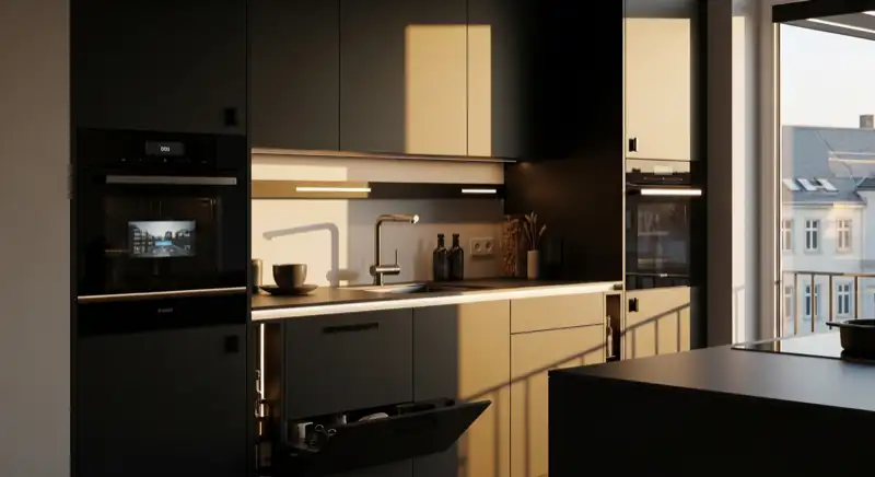 Moderne Küchentrends 2026 in München, grifflose dunkle Küche