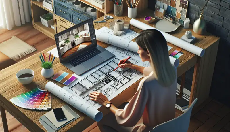 Küchenplanung mit Grundriss, Materialmustern und 3D-Visualisierung am Laptop