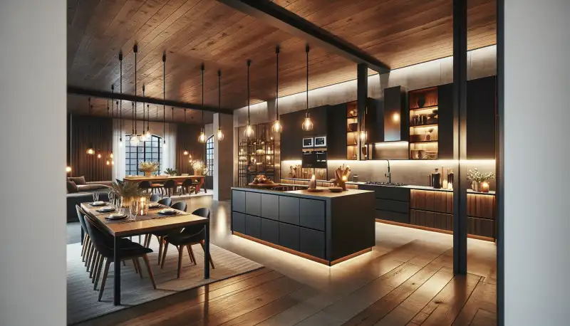 Offene Wohnküche mit Kochinsel in dunklem Anthrazit und Eichenholz-Akzenten