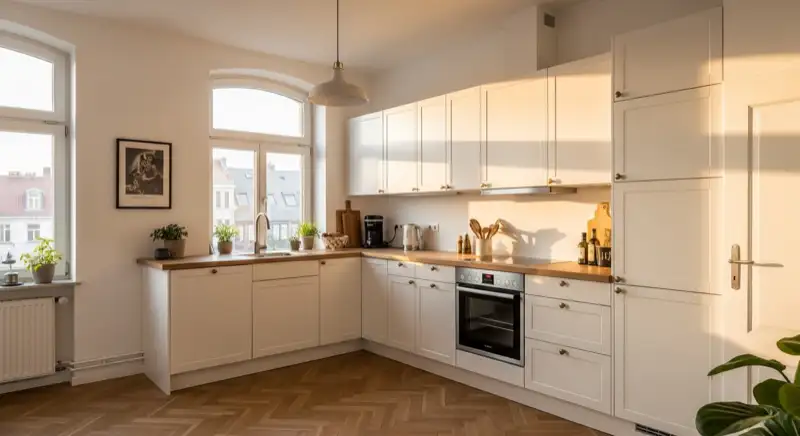 L-Küche in einer renovierten Oberhausener Altbauwohnung mit hohen Decken und Holzparkett