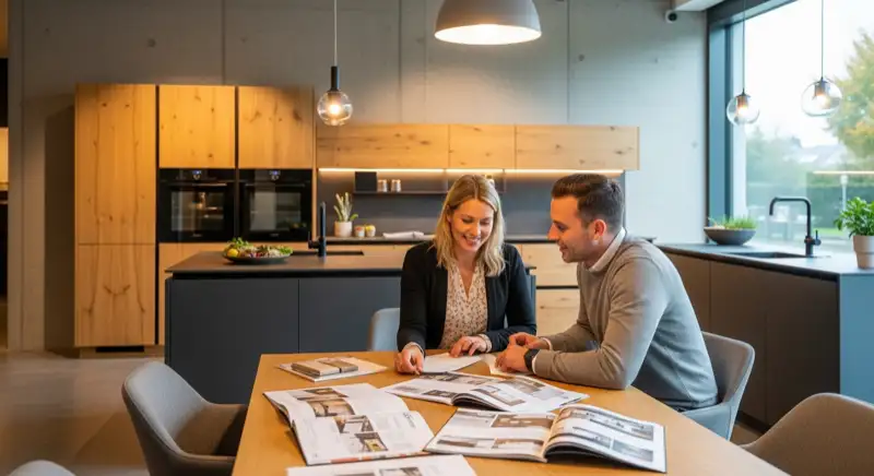 Paar vergleicht Küchenangebote verschiedener Studios mit Dokumenten auf dem Tisch