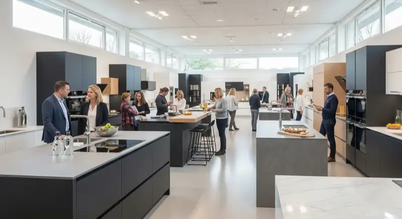Moderne Küchenausstellung mit verschiedenen Musterküchen in einem Oberhausener Möbelhaus