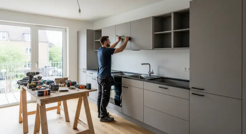 Professioneller Küchenmonteur bei der Installation von Oberschränken in einer Oberhausener Wohnung