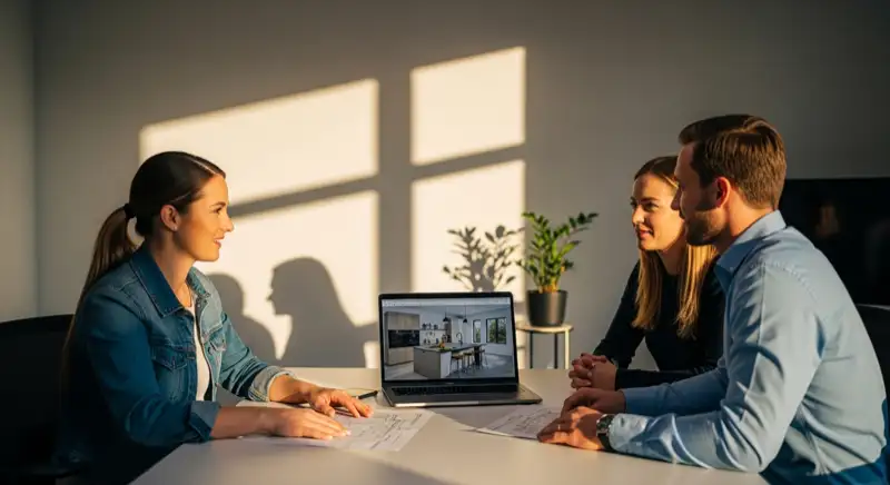 Küchenberater erklärt einer jungen Familie die Preisdetails am Schreibtisch mit 3D-Planung