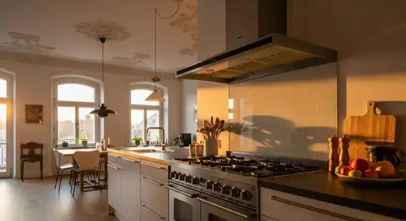 Moderne Küche in einem renovierten Oberhausener Altbau mit hohen Decken und Stuckleisten