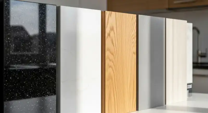 Verschiedene Arbeitsplatten-Muster in einem Küchenstudio: Quarz, Granit, Keramik und Massivholz