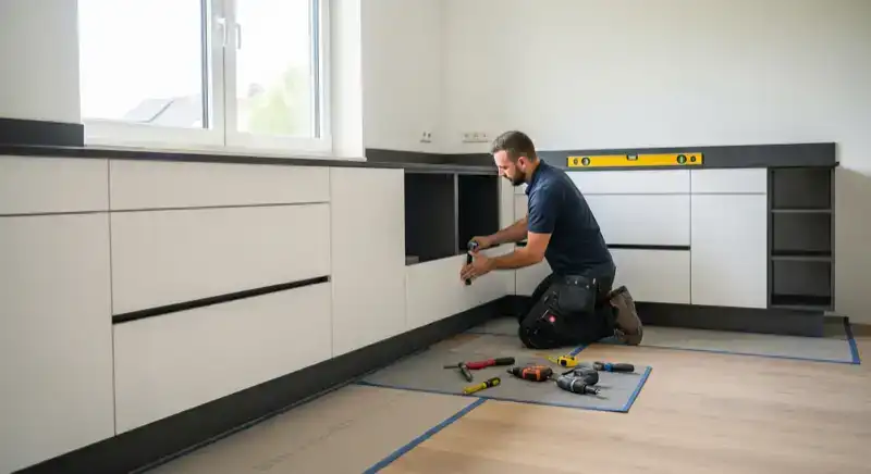 Küchenmonteur bei der Installation einer Einbauküche in einem Oberhausener Haushalt