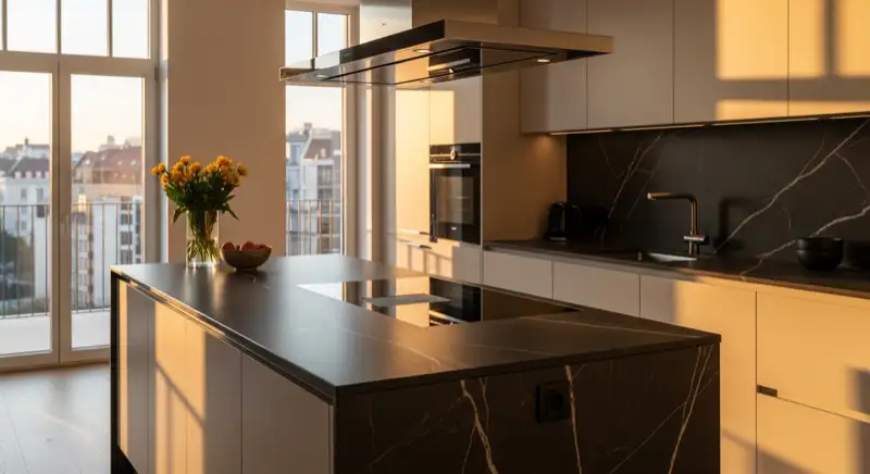 Premium Kücheninsel mit dunkler Naturstein Arbeitsplatte in einem Remscheider Neubau