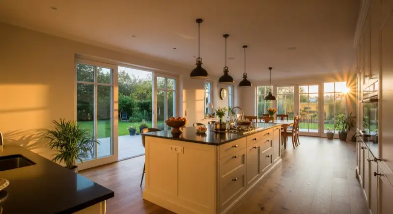 Große offene Wohnküche mit Kochinsel in einem renovierten Einfamilienhaus in Solingen mit Blick in den Garten