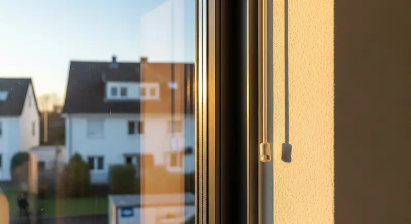 Innenansicht eines modernen Kunststofffensters mit sauberer Laibung und Blick auf Wohnhäuser