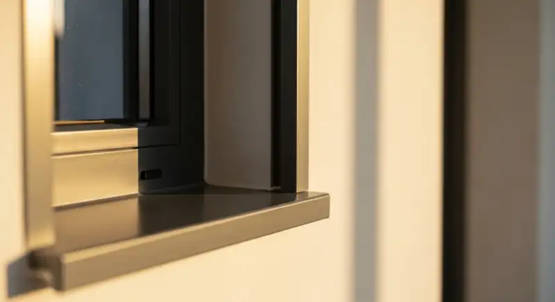 Detail eines modernen Kunststofffensters mit dunklem Rahmenprofil und sauberem Putzanschluss