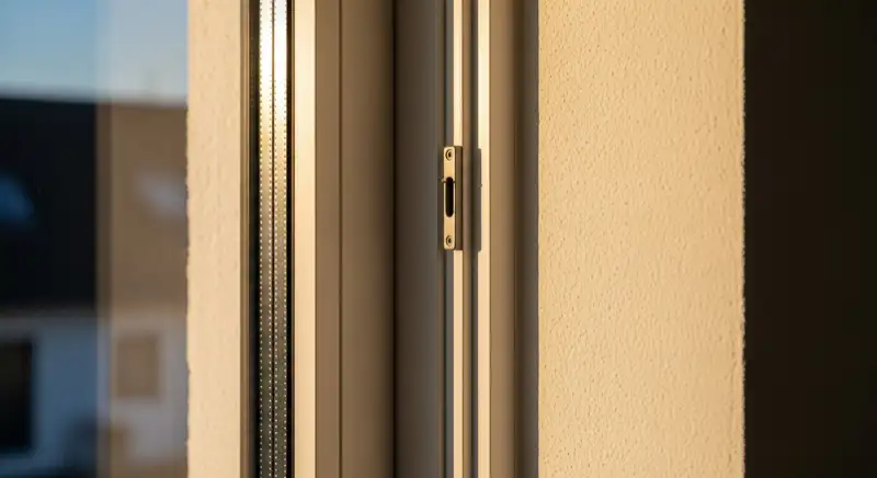 Fensterbeschlag an einem modernen Kunststofffenster mit sauberer Laibung im Abendlicht