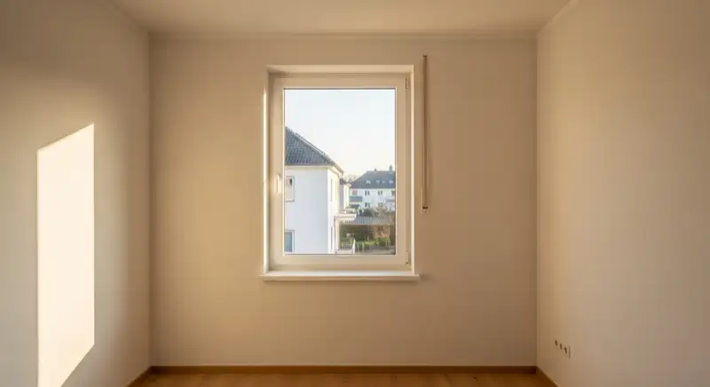 Modernes Kunststofffenster mit Dreifachverglasung, sauberer Laibung und hellem Rahmen
